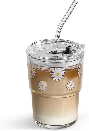 Vista 17 de Olvini Vaso de vidrio de 13 onzas con popote y tapa, vaso reutilizable para café helado, bonitas tazas de vidrio para agua, matcha, tazas de café