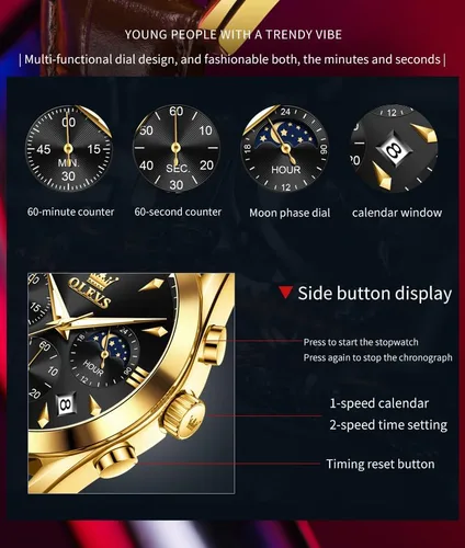 Vista 4 de OLEVS Reloj de cuarzo analógico de cuero para hombre - Reloj de pulsera cronógrafo de lujo con fecha, impermeable, luminoso - estilo de vestir