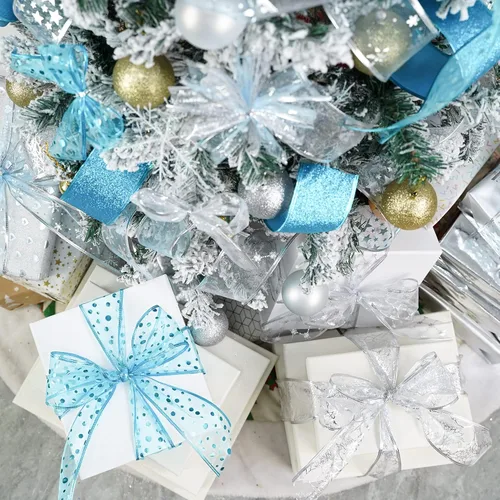 Vista 3 de MEEDEE Cinta de Navidad turquesa de 2.5 pulgadas, 6 rollos, 36 yardas, azul y plateado para árbol de Navidad