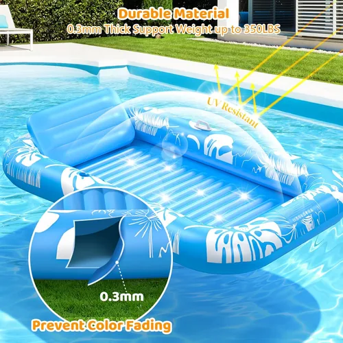 Vista 7 de Inflatable Tanning Pool Lounger Float with Sprinkler, 77" x 48" Pool Floats Adult with Pillow, 6 in 1 Suntan Tub Raft Floatie with Drink Holder