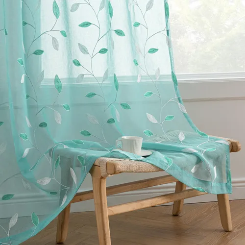 Vista 21 de MIULEE Cortinas traslúcidas beige 2 paneles bordados con estampado de hojas, bolsillo para barra, floral, semitransparentes, de lino sintético