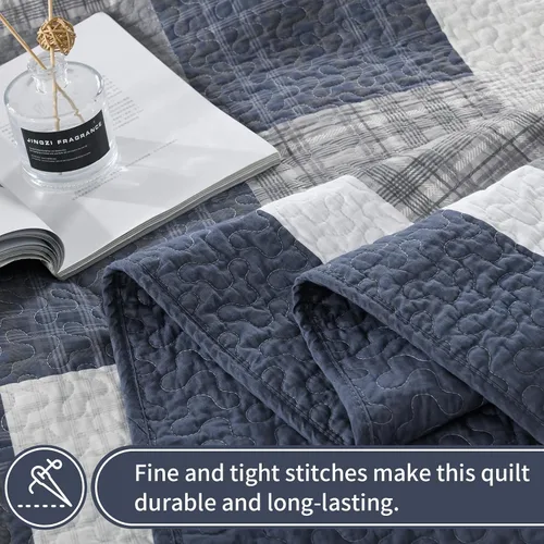 Vista 4 de KALOOLA Colcha de granja tamaño King – Juego de ropa de cama acolchado ligero 100% algodón, 3 piezas, colcha a cuadros estampada con 2 fundas
