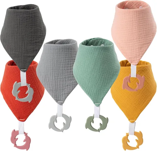 Vista 8 de Baberos de dentición para bebé, paquete de 6 con mordedor acoplable, 100% algodón orgánico, baberos súper absorbentes y suaves