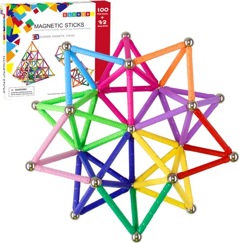 Vista 2 de ELONGDI Bloques de construcción magnéticos, [132 piezas] Juego de palos de construcción alargados, juego de juguetes de tallo magnético