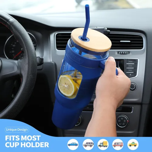 Vista 4 de SIEROZUR Vaso de vidrio con popote y tapa, botellas de agua de vidrio de 50 onzas con asa, vaso de café con funda de silicona y popotes, popote Boba