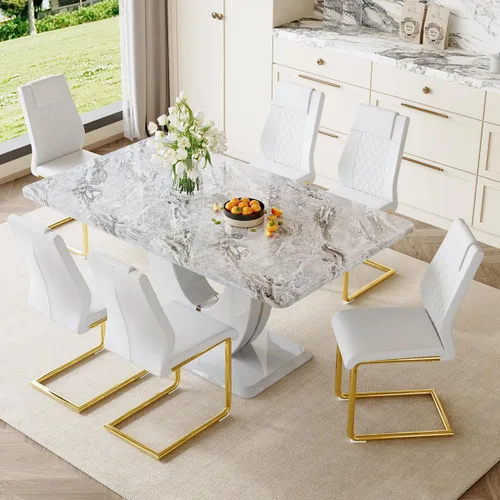 Moderno juego de mesa de cocina y comedor, juego de 6 mesas y sillas con parte superior de mármol sintético, juego de mesa de cocina rectangular