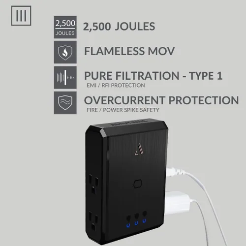 Vista 3 de Austere Serie III, protector contra sobretensiones de 4 tomas de corriente de pared, 2500 julios, filtrado EMI/RFI, MOV sin llama, protección contra