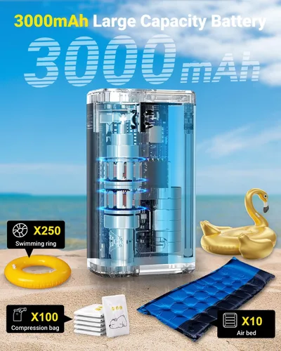 Vista 3 de OMQ Bomba de aire portátil para inflables, bomba eléctrica de colchón de aire con linterna de campamento y pantalla LED, mini bomba de aire 2 veces