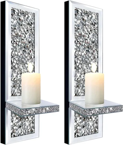 Vista 10 de ZOLAPI Juego de 2 candelabros de cristal con diamantes triturados, espléndido candelabro de pared con espejo plateado redondo, candelabros de vela