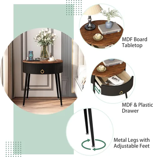 Vista 3 de OIOG Juego de 2 mesas auxiliares, mesita de noche redonda con cajón, mesas auxiliares modernas para espacios pequeños, sala de estar, dormitorio