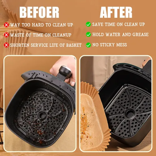 Vista 6 de Forro de papel desechable cuadrado 100 piezas para cestas de freidora de aire de 5 a 8 cuartos de galón, forro de pergamino antiadherente a prueba