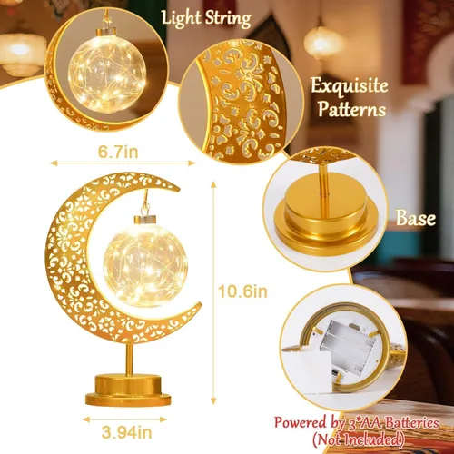 Vista 5 de Lámpara de luna con globo colgante, lámpara de mesa decorativa de luna creciente, funciona con pilas, decoración islámica de metal retro, luz LED