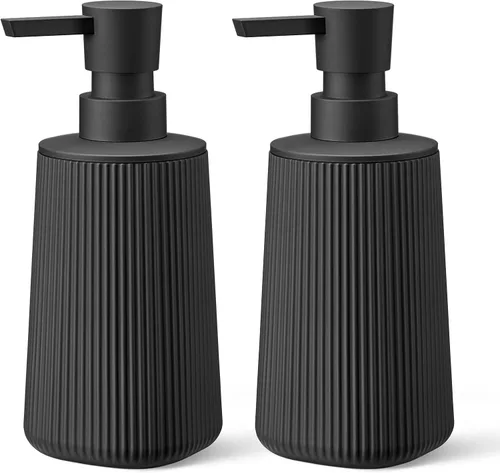 Vista 12 de Paquete de 2 dispensadores de jabón de manos beige con bomba antióxido para encimeras de baño y cocina, plástico mate a rayas recargables de 8.5