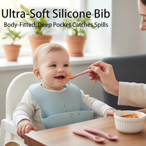 Vista 6 de Baberos de silicona para bebés, 2 unidades, con cucharas de silicona para bebés, impermeables, suaves