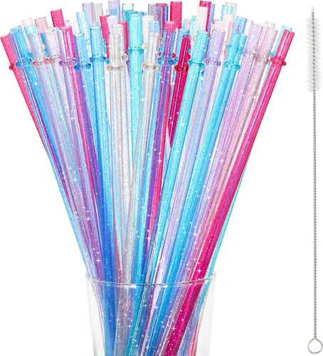 Vista 8 de 48 popotes de plástico con banderas de novia del equipo, popotes reutilizables con purpurina (transparente)