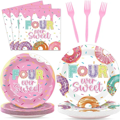 96 piezas de decoración de fiesta de cumpleaños de dona para el cuarto cumpleaños para 24 invitados Cuatro dulces platos de papel de dona,