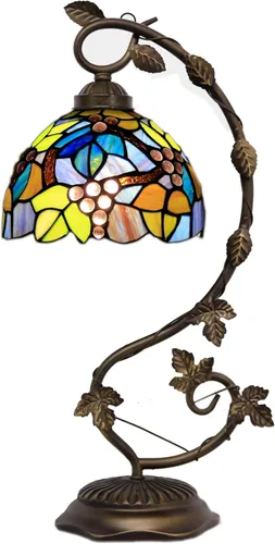 Vista 10 de Tiffany Lamp Stained Glass Table Lamp Metal Leaf Desk Reading Light 8X10X21 Inch Decor Small Space Bedroom Home Office (Sea Blue Pearl)