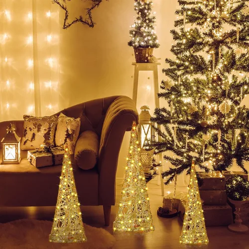 Vista 5 de Baquler - 3 piezas de árboles de cono navideño con luces LED, adorno de árbol de Navidad dorado con purpurina, funciona con pilas, decoración