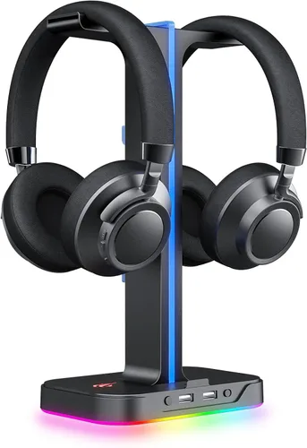 havit Soporte de auriculares RGB para juegos de escritorio, base de doble gancho para auriculares con soporte para teléfono y 2 puertos USB para
