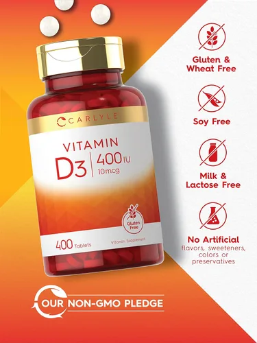 Vista 4 de Carlyle Vitamina D3 400iu (10mcg) 400 tabletas Tamaño económico Fórmula vegetariana, sin OMG y sin gluten Suplemento de vitamina D