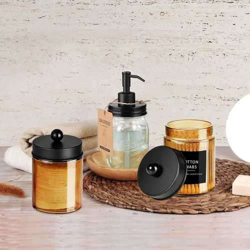 Vista 7 de Amolliar Tarro de boticario de vidrio de bronce, soporte para tapa de metal y calcomanías, recipiente de almacenamiento dispensador de Qtip