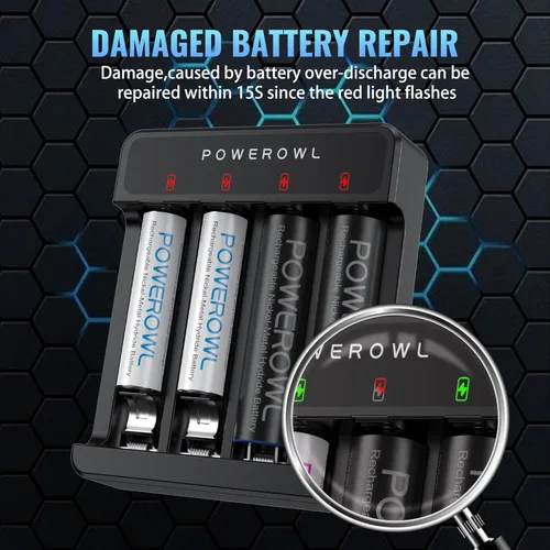 Vista 4 de POWEROWL Cargador de batería AA AAA de 4 ranuras, carga rápida USB, ranura independiente, para baterías recargables Ni-MH Ni-CD, sin adaptador