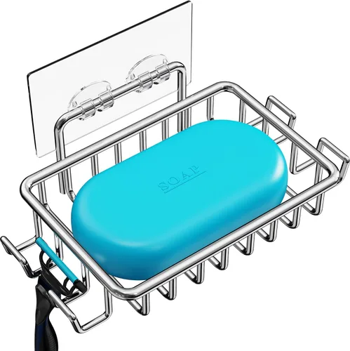 Nieifi Jabonera de barra para pared de ducha con 4 ganchos, jabonera adhesiva de acero inoxidable para baño, color plateado