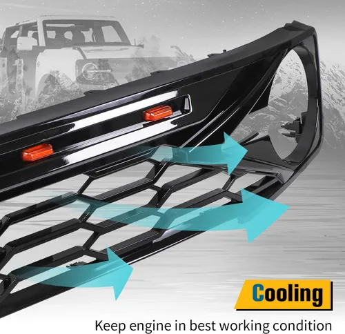 Vista 4 de Kits de parrilla frontal negra brillante con luces LED ámbar para parrilla compatibles con Ford Bronco 2021 2022 2023 2024 2025 2 puertas 4 puertas