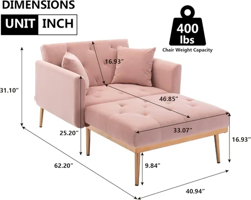 Vista 2 de Silla decorativa moderna de 40.94 pulgadas de ancho con respaldo ajustable de 3 ángulos + 2 almohadas, sillón reclinable y otomano tapizado