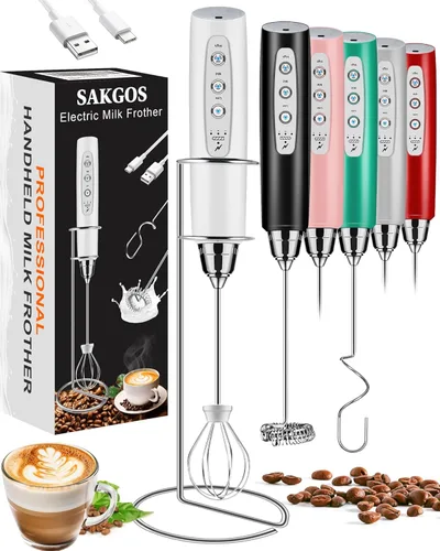 Vista 11 de Sakgos Espumador de Leche con Soporte Recargable - Espumador de Café de Mano con 3 Batidores de Acero Inoxidable, Ajustable de 3 Velocidades