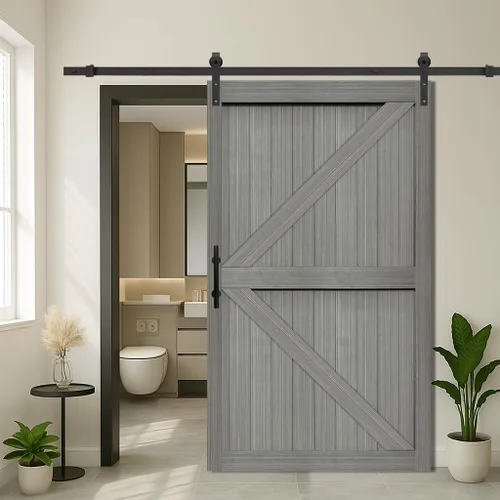 Vista 16 de S&Z TOPHAND® Puerta de granero doble de MDF de 18 x 84 pulgadas con kit de herrajes para puerta corredera de 6 pies, tablero sólido de puerta