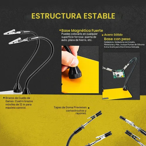Vista 2 de Fstop Labs Herramienta de soldadura de tercera mano, soporte para PCB, cuatro brazos metálicos flexibles con base magnética, manos que ayudan a