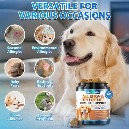 Vista 5 de Carmelie Masticables para aliviar la alergia de los perros, alivio de la picazón de la piel del perro, 200 masticables, tratamiento de levadura