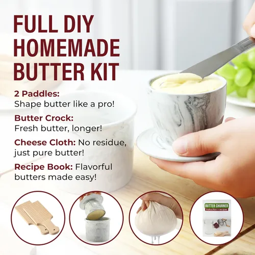 Vista 2 de Dazey Butter Churner – Mantequilla Crock, paño de queso, paletas, libro de recetas incluido – Máquina manual de mantequilla de manivela – Crea