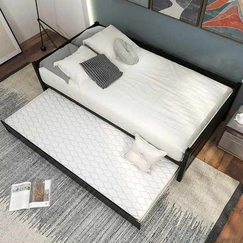 Vista 3 de Giantex Sofá cama de madera con nido, cama de día de tamaño individual con nido y soporte de listones de madera, marco de sofá individual que ahorra