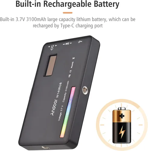 Vista 7 de Andoer Luz de video LED RGB W140, panel de luz de cámara LED 2500K-9000K regulable recargable fotografía luz de relleno para Vlog transmisión