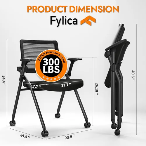 Vista 3 de FYLICA Silla de Oficina Plegable con Ruedas de PU y Reposabrazos Suave - Respaldo de Malla Ergonómica Elástica, Silla Apilable para Sala
