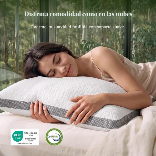 Vista 5 de Almohada estándar de algodón orgánico para dormir, con espuma viscoelástica triturada certificada CertiPUR-US, almohada ajustable con refuerzo