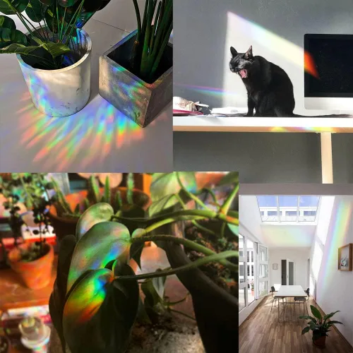 Vista 7 de Olicard Adhesivo de atrapasoles para interiores, película de prisma de arco iris para decoración de dormitorio, calcomanías de ventana anticolisión