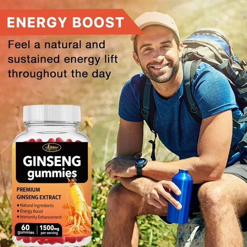 Vista 2 de 60 gomitas asiáticas Panax Ginseng de 1500 mg suplementos para hombres y mujeres, gomitas de extracto de raíz de ginseng de maca energética