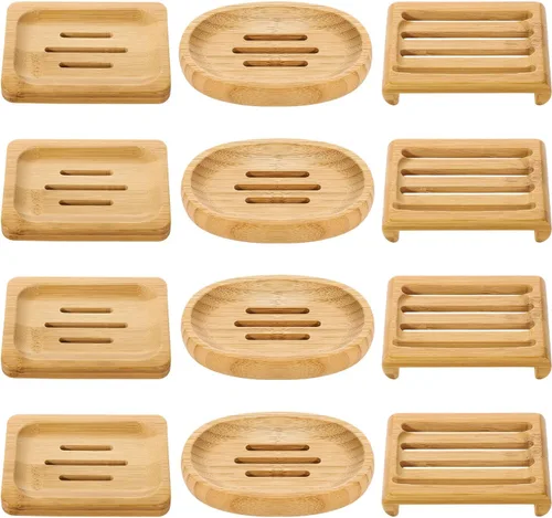 Vista 9 de 12 jaboneras de bambú, bandeja de jabón de madera, soporte para barra de champú, soporte para barra de jabón para baño, cocina (redondo)
