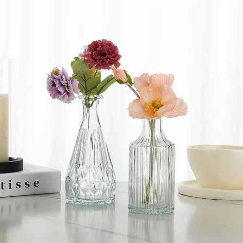 Vista 2 de Juego de 5 jarrones de cristal, mini jarrón transparente para centros de mesa a granel, pequeños jarrones de flores vintage para bodas, fiestas