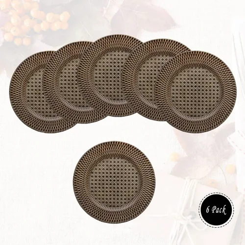Vista 8 de Spsyrine Platos de carga rústicos de plástico de ratán sintético, juego de 6 elegantes cargadores de platos redondos para cenas, decorativos