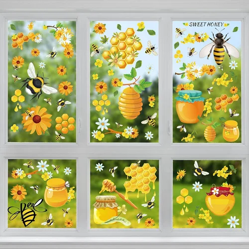 Zonon 90 calcomanías de ventana de abeja de verano, calcomanías para ventana, calcomanías de girasol, calcomanías de panal, decoración de panal