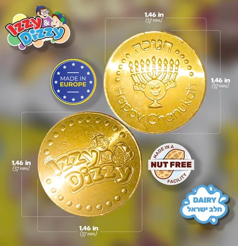 Vista 3 de Izzy 'n' Dizzy Monedas de Hanukkah Gelt de Chocolate, Monedas de Chocolate con Leche Kosher Sin Nueces (Lácteos), Rellenas con Monedas de Hanukkah