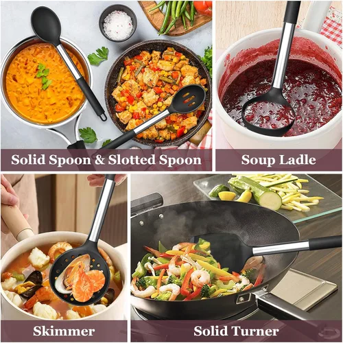 Vista 5 de TeamFar Juego de 8 utensilios de cocina, utensilios de cocina de silicona, con mango de acero inoxidable, para freír, servir, voltear y escurrir,