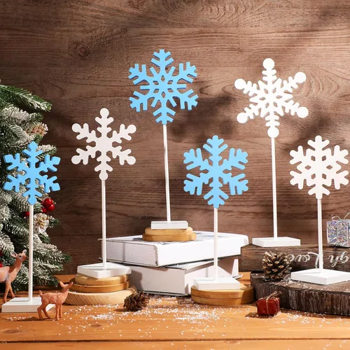Vista 7 de Sawysine 6 piezas Centro de mesa de copo de nieve de madera de Navidad, decoración de centro de mesa de copo de nieve, bloque alto de pie