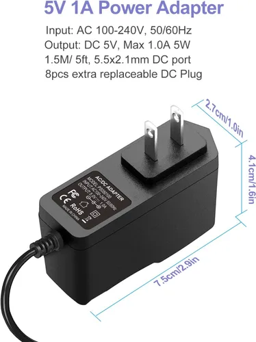 Vista 5 de Adaptador de fuente de alimentación de 5 V 1 A, cargador de 5 W, CA/CC, 100 V-240 V a CC, 5 voltios, 1 amperio, 0.5 A, cable de alimentación