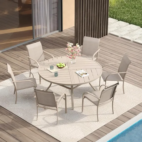 Vista 57 de VICLLAX Juego de comedor de patio de 7 piezas para 6, juego de muebles de exterior incluye mesa rectangular de 59 pulgadas para exteriores y 6