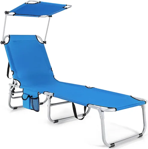 Vista 10 de Goplus Silla bronceadora, silla de playa plegable con toldo de 360°, bolsillo lateral, tumbona ajustable de 5 posiciones para exteriores, para Beige